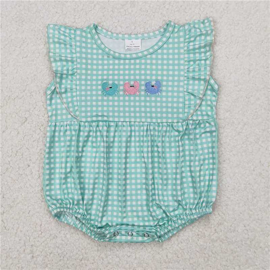 12.29 RTS NO MOQ （In stock）Matching SR2659 Embroidery Baby Infant Girls Green Checkered Crabs Rompers