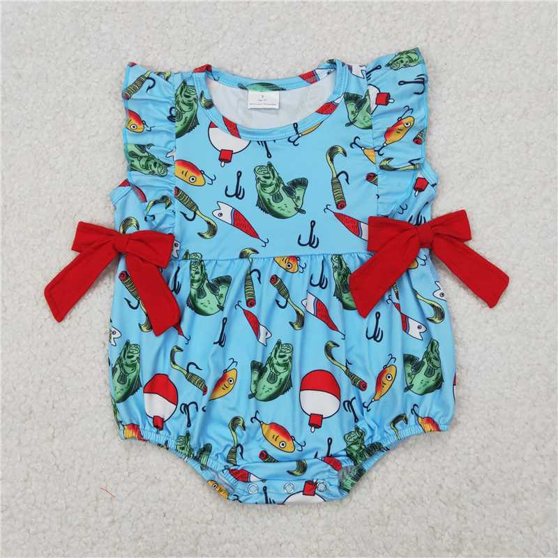 12.25 RTS NO MOQ （In stock）Matching SR2708 Baby Infant Girls Fishing Bows Ruffles Rompers