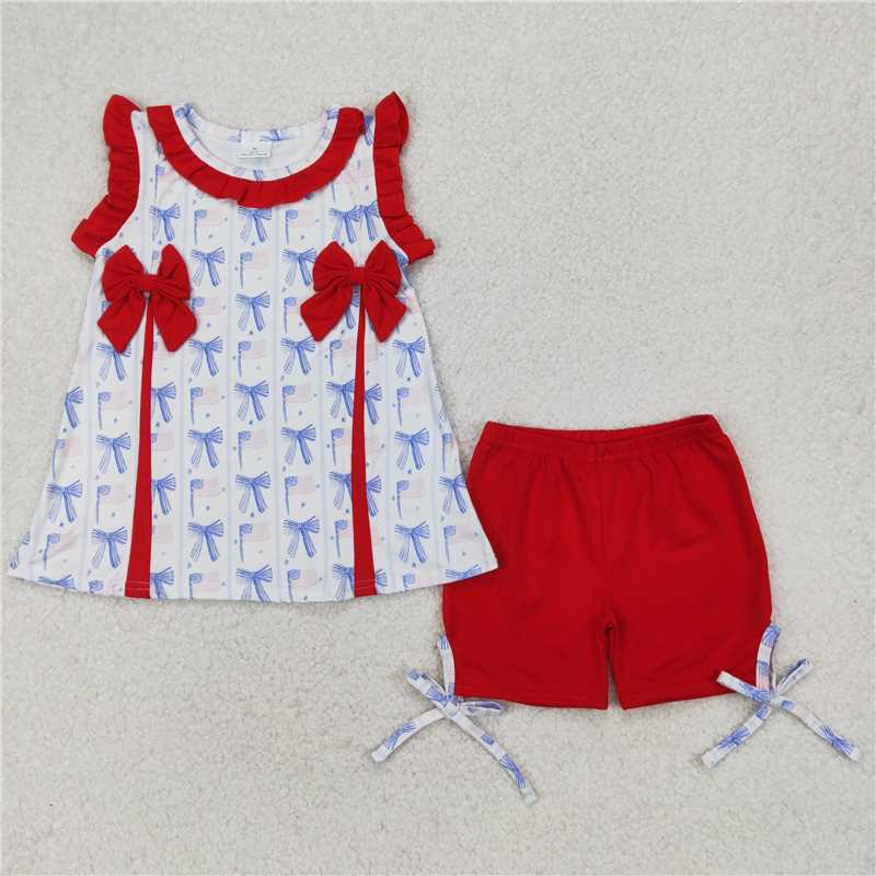 1.6 RTS NO MOQ （In stock）GSSO2373 4th of July Baby Girls Red Blue Bows Flags Tunic Ruffle Shorts 4th Of July Set
