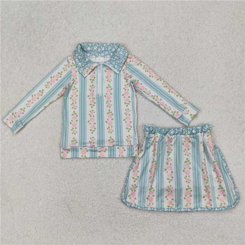 11.24 RTS NO MOQ （In stock）Matching GLD1001 Baby Girls Green Flowers Zip Top Skirt Skort Bottoms Sets