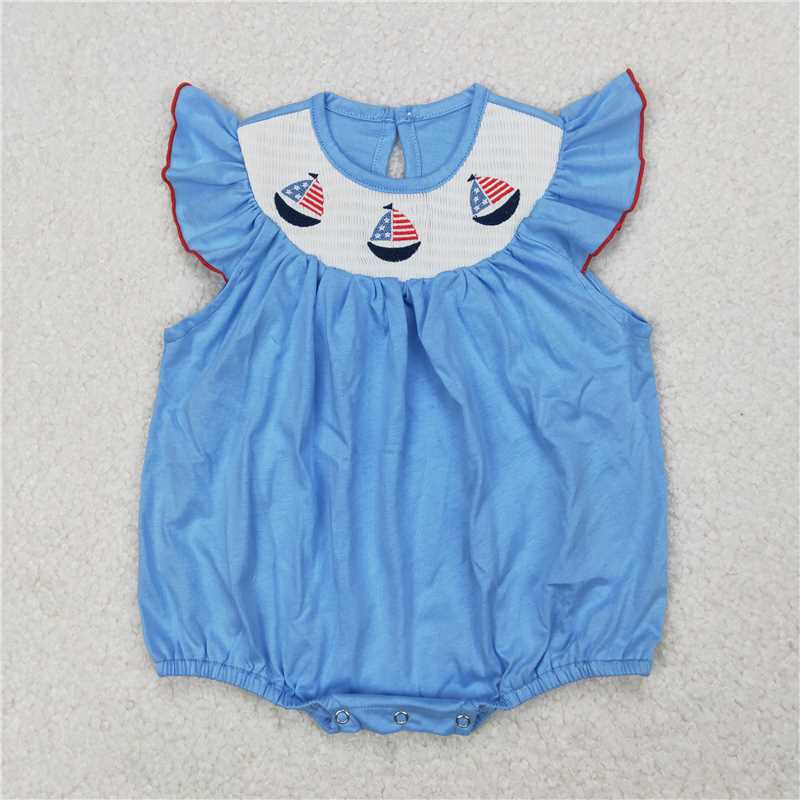 1.5 RTS NO MOQ （In stock）SR2573 4th of July Smocked Baby Infant Girls 4th Of July Sailboats Rompers