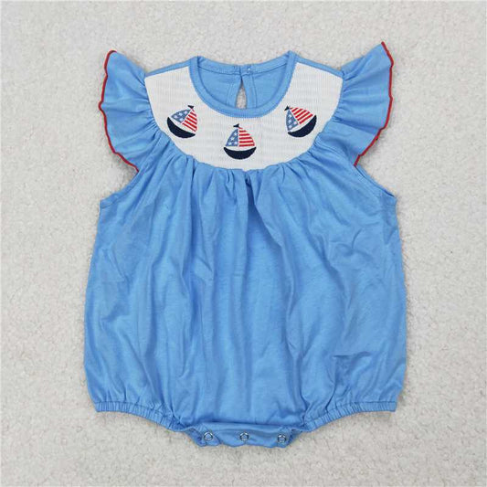 1.5 RTS NO MOQ （In stock）SR2573 4th of July Smocked Baby Infant Girls 4th Of July Sailboats Rompers