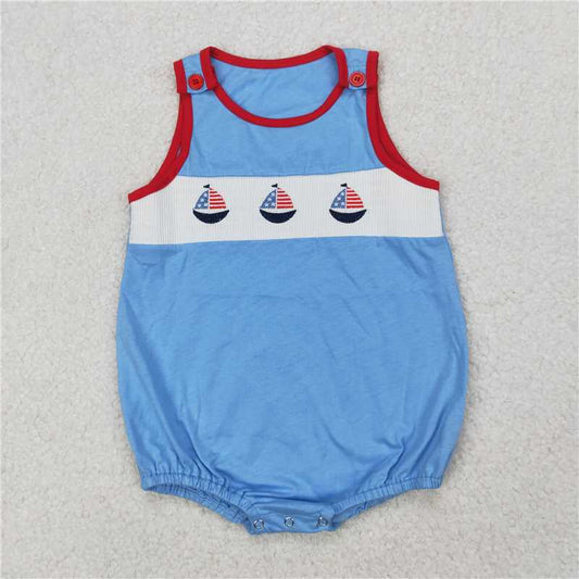 1.10 RTS NO MOQ （In stock）SR2574 4th of July Smocked Baby Infant Boys 4th Of July Sailboats Sleeveless Rompers
