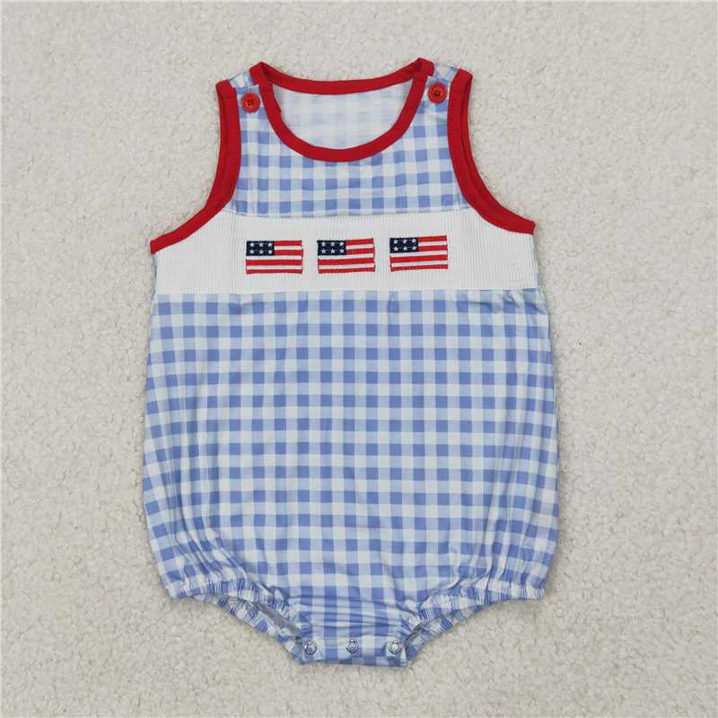 1.10 RTS NO MOQ （In stock）SR2572 4th of July Smocked Baby Infant Boys 4th Of July Flags Sleeveless Rompers