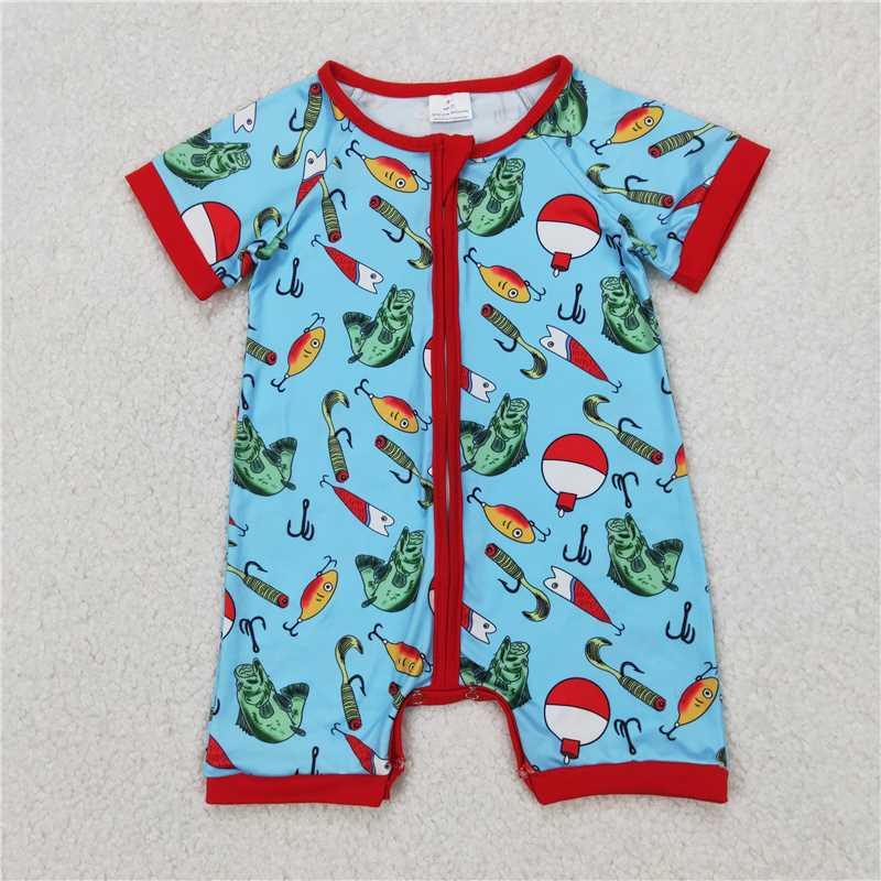 12.25 RTS NO MOQ （In stock）Matching SR2707 Baby Infant Boys Fishing Float Zip Rompers