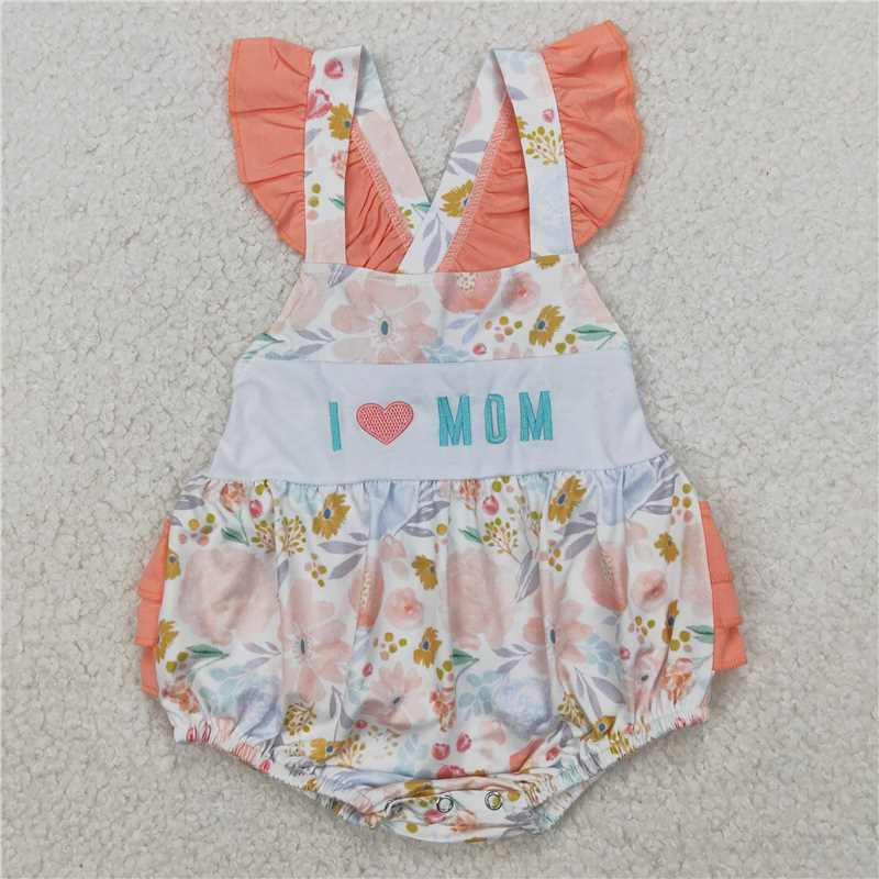 11.5 RTS NO MOQ （In stock）Matching SR2948 Embroidery Baby Infant Girls I LOVE MOM Floral Ruffle Rompers