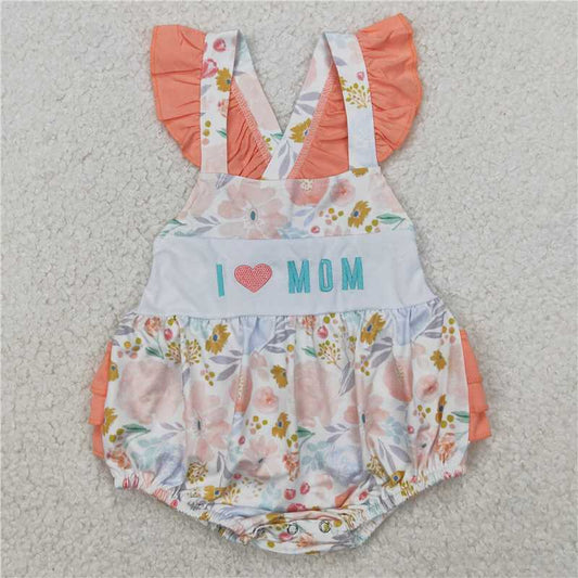 11.5 RTS NO MOQ （In stock）Matching SR2948 Embroidery Baby Infant Girls I LOVE MOM Floral Ruffle Rompers