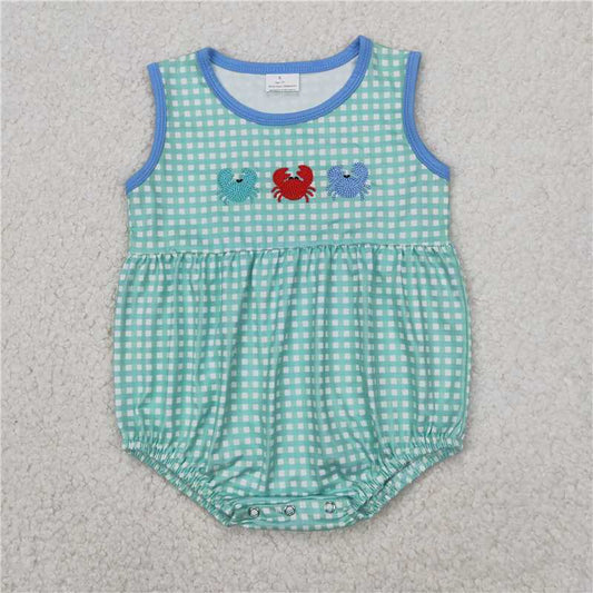 12.29 RTS NO MOQ （In stock）Matching SR2660 Baby Infant Boys Green Checkered Crabs Rompers