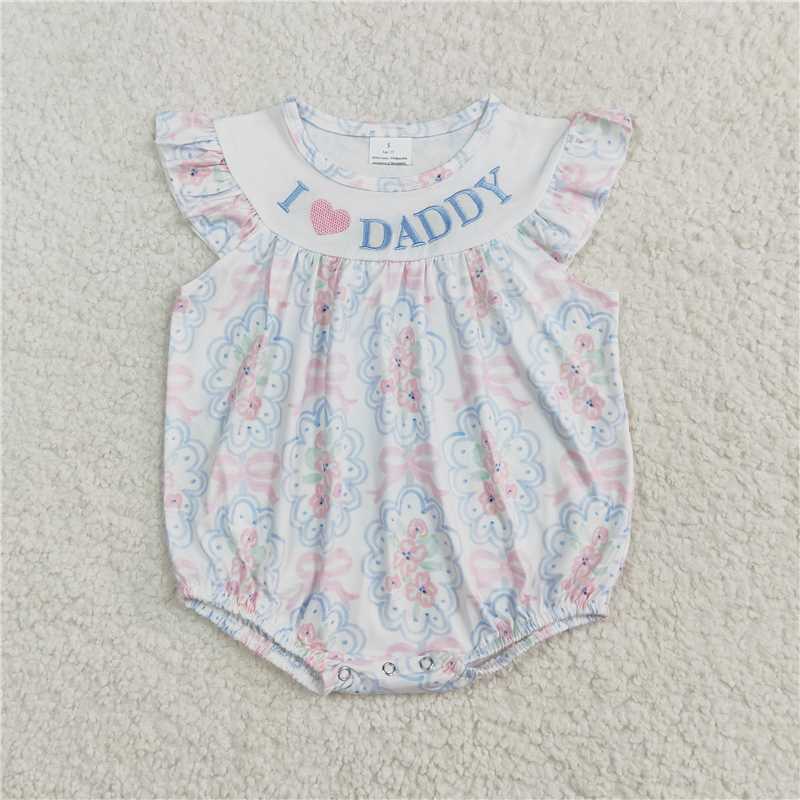11.5 RTS NO MOQ （In stock）Matching SR2946 Embroidery Baby Infant Girls Bows Floral I LOVE DADDY Ruffle Rompers