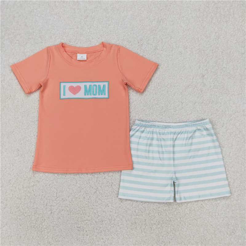 11.5 RTS NO MOQ （In stock）Matching BSSO1435 Embroidery Baby Boys Orange I LOVE MOM Top Stripe Shorts Sets