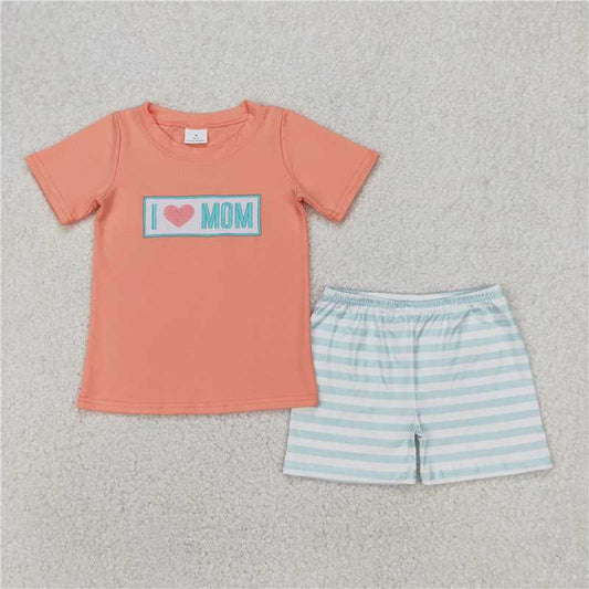 11.5 RTS NO MOQ （In stock）Matching BSSO1435 Embroidery Baby Boys Orange I LOVE MOM Top Stripe Shorts Sets
