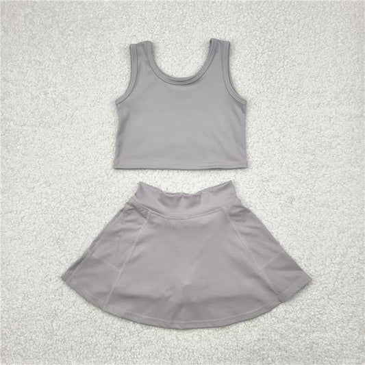 12.18 RTS NO MOQ （In stock）Matching GSD1983 Baby Girls Grey Yoga Tennis Vest Top Sports Skorts Clothes Sets