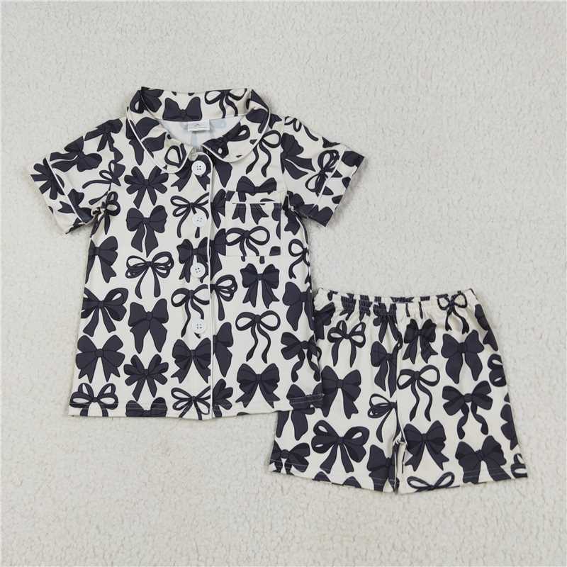 10.29 RTS NO MOQ （In stock） Matching GSSO2663 Baby Girls Short Sleeves Black Bows Button Pocket Top Short Pajamas Sets