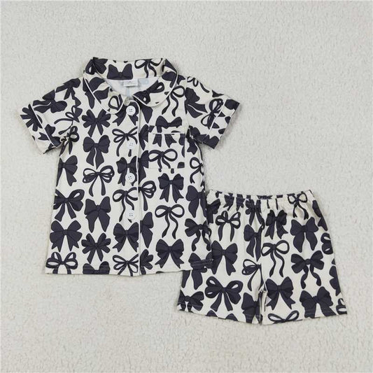 10.29 RTS NO MOQ （In stock） Matching GSSO2663 Baby Girls Short Sleeves Black Bows Button Pocket Top Short Pajamas Sets