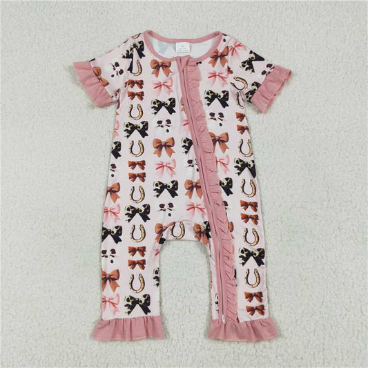 10.17 RTS NO MOQ （In stock） Matching SR3116 Baby Girls Pink Western Bows Horse Shoes Zipper Rompers