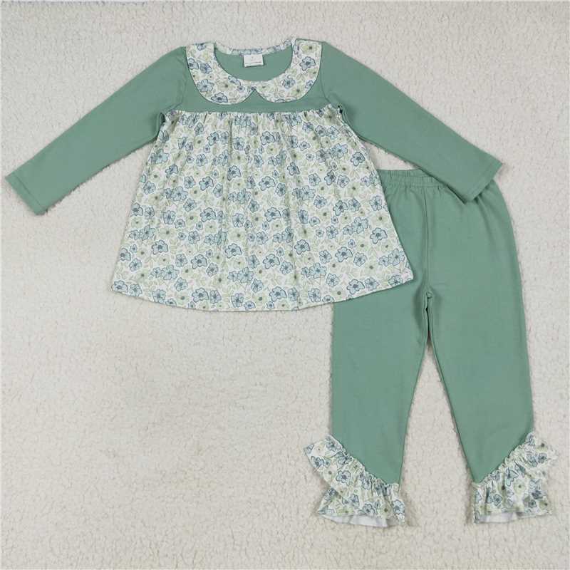 11.24 RTS NO MOQ （In stock）Matching GLP2407 Baby Girls Green Long Sleeves Floral Tunic Ruffle Pants Clothes Sets