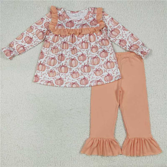 11.10 RTS NO MOQ （In stock） Matching GLP2452 Baby Girls Fall Bow Pumpkins Tunic Ruffle Pants Clothes Sets