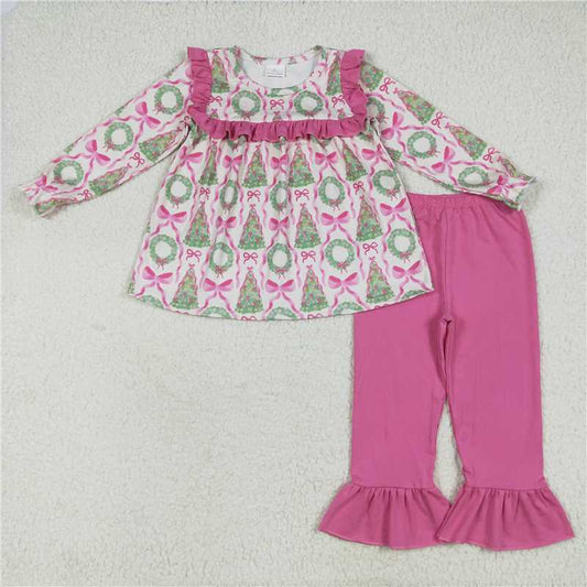 12.6 RTS NO MOQ （In stock）GLP2339 Baby Girls Christmas Trees Bows Tunic Ruffle Pants Outfits Sets
