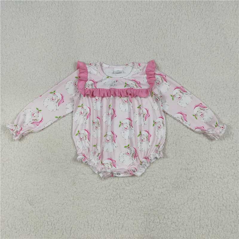 11.28 RTS NO MOQ （In stock）LR2208 Baby Girls Christmas Pink Santa Ruffle Rompers