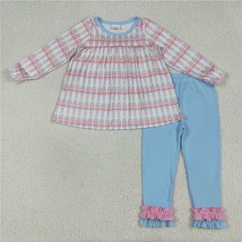 12.9 RTS NO MOQ （In stock）Matching Christmas GLP2456 Baby Girls Christmas Soldier Plaid Top Blue Ruffle Pant Sets
