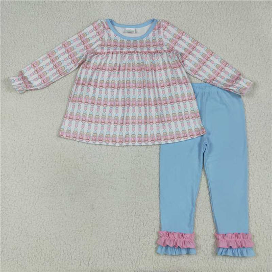 12.9 RTS NO MOQ （In stock）Matching Christmas GLP2456 Baby Girls Christmas Soldier Plaid Top Blue Ruffle Pant Sets