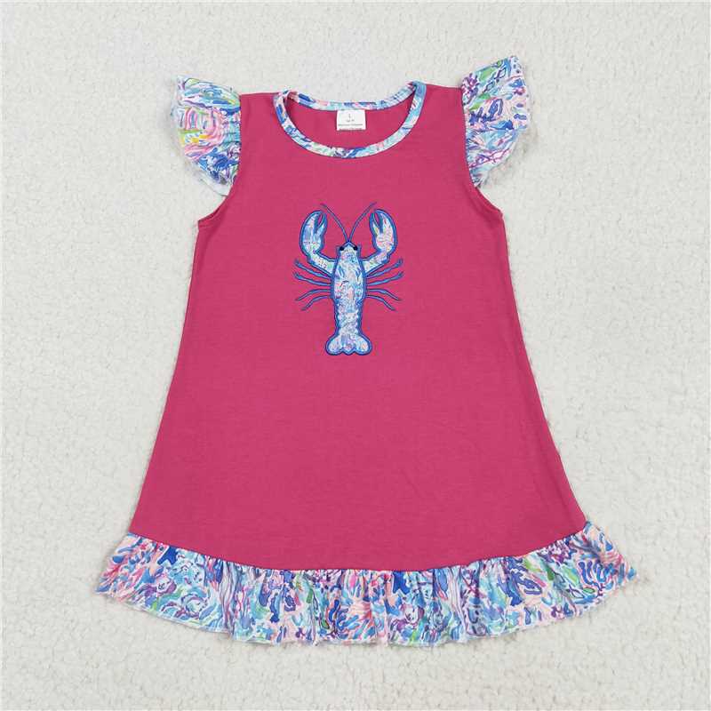 12.27 RTS NO MOQ （In stock）Matching GSD2398 Embroidery Baby Girls Flutter Sleeves Floral Crayfish Knee Length Dress
