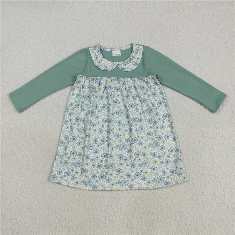 11.25 RTS NO MOQ （In stock）Matching GLD1087 Baby Girls Green Long Sleeves Flowers Knee Length Dresses