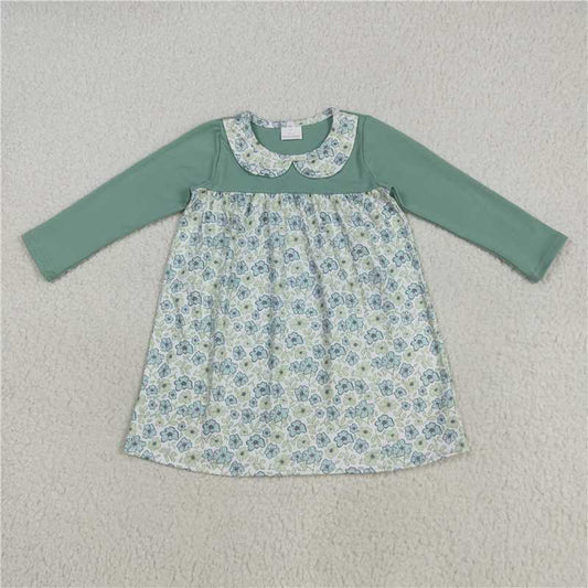 11.25 RTS NO MOQ （In stock）Matching GLD1087 Baby Girls Green Long Sleeves Flowers Knee Length Dresses