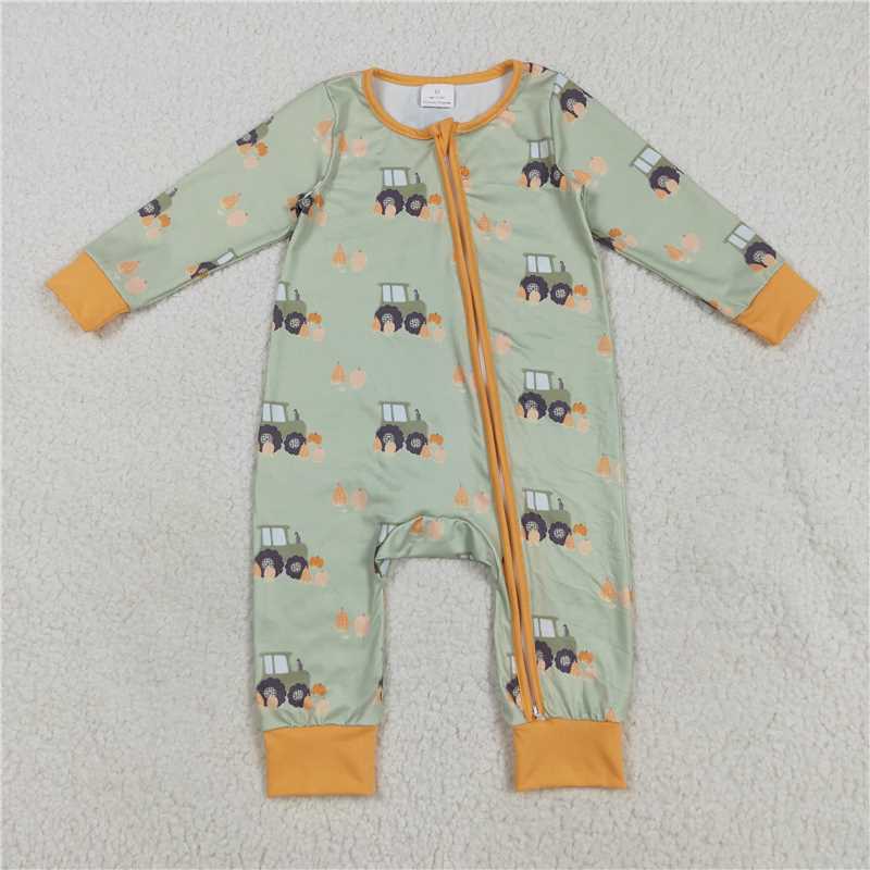 11.10 RTS NO MOQ （In stock）Matching LR2335 Baby Boys Green Long Sleeves Pumpkins Trucks Zipper Rompers