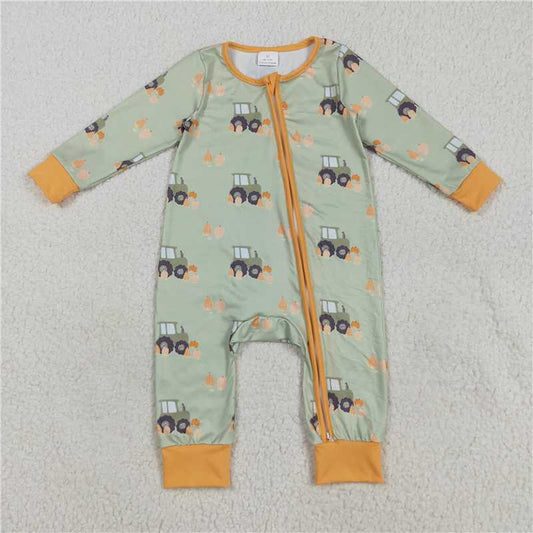 11.10 RTS NO MOQ （In stock）Matching LR2335 Baby Boys Green Long Sleeves Pumpkins Trucks Zipper Rompers