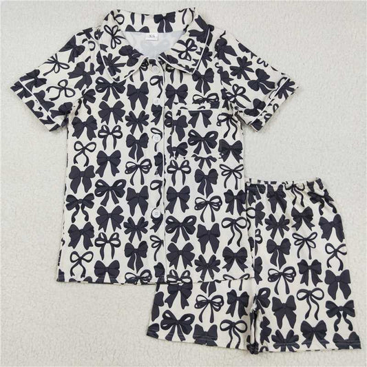 10.29 RTS NO MOQ （In stock）Matching GSSO2664 Adult Women Short Sleeves Black Bows Button Pocket Top Short Pajamas Sets