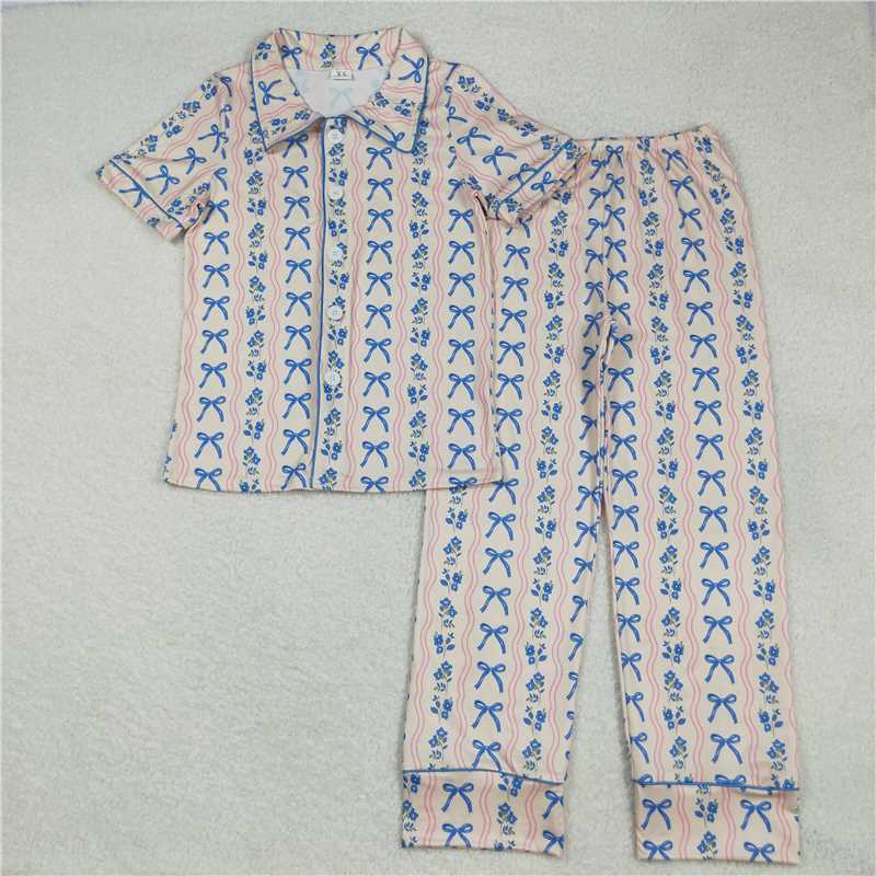 10.17 RTS NO MOQ （In stock） Matching GSPO2051 Adult Women Blue Bows Flowers Stripe Button Top Pant Pajamas Sets