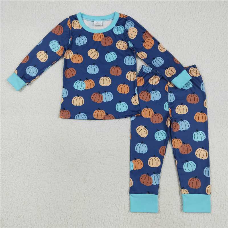 11.4 RTS NO MOQ （In stock）Matching BLP1153 Baby Boys Long Sleeves Fall Blue Pumpkins Top Pant Pajamas Sets