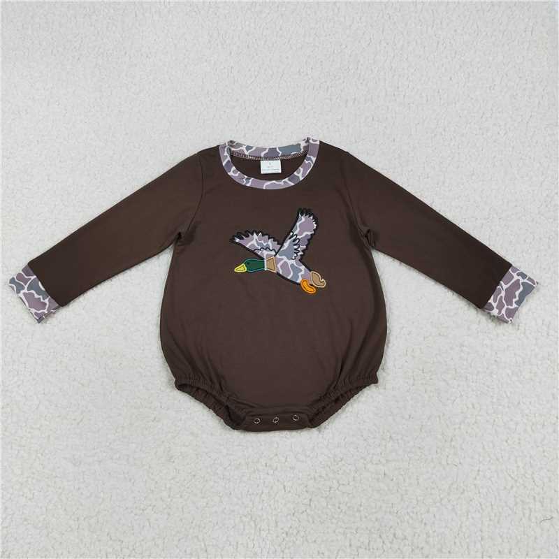 12.16 RTS NO MOQ （In stock）Matching LR2310 Embroidery Baby Boys Brown Long Sleeves Camo Duck Southern Rompers