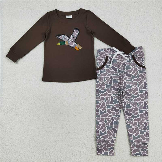12.16 RTS NO MOQ （In stock）Matching BLP1123 Embroidery Baby Boys Brown Duck Top Camo Pocket Pant Sets