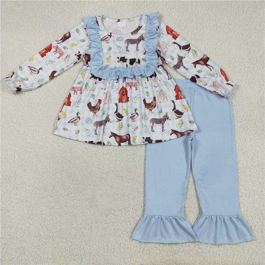 11.14 RTS NO MOQ （In stock）Matching GLP2536 Baby Girls Long Ruffle Sleeves House Chicks Tunic Pant Farm Sets