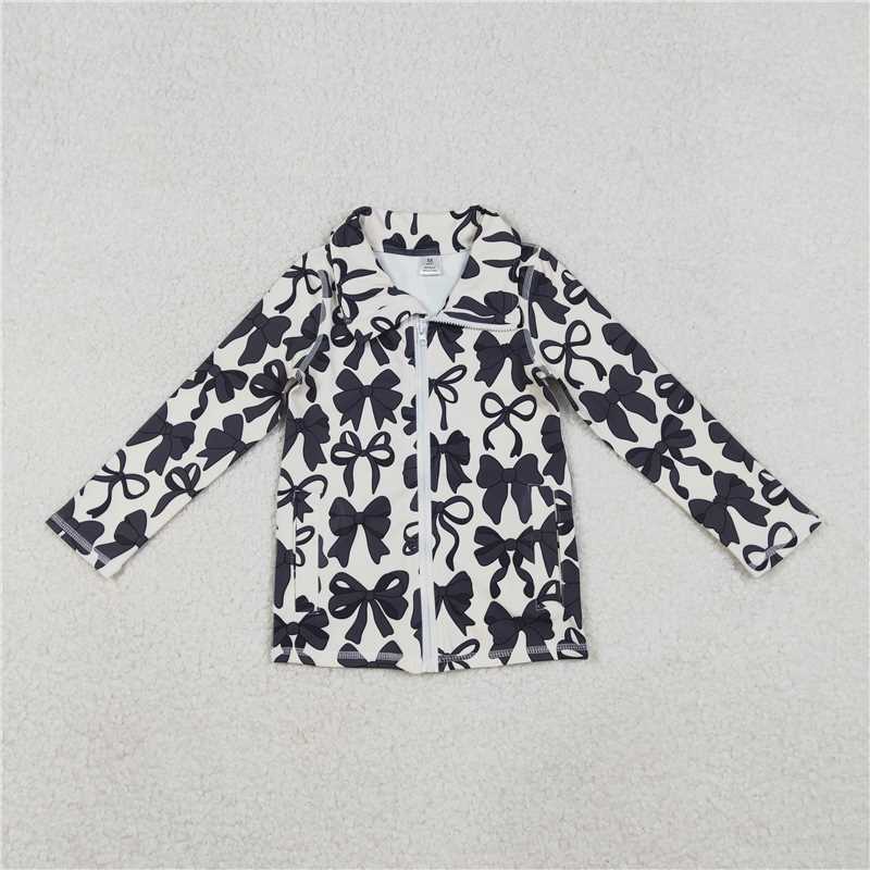 10.29 RTS NO MOQ （In stock）Matching GT1084 Baby Girls Long Sleeves Black Bows Zipper Pockets Yoga Jacket Tops