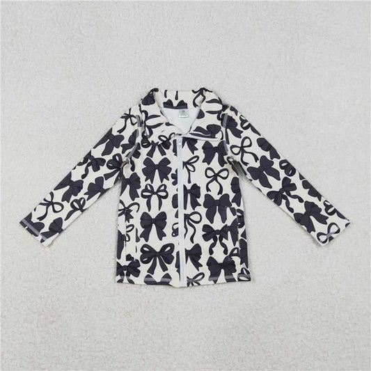 10.29 RTS NO MOQ （In stock）Matching GT1084 Baby Girls Long Sleeves Black Bows Zipper Pockets Yoga Jacket Tops