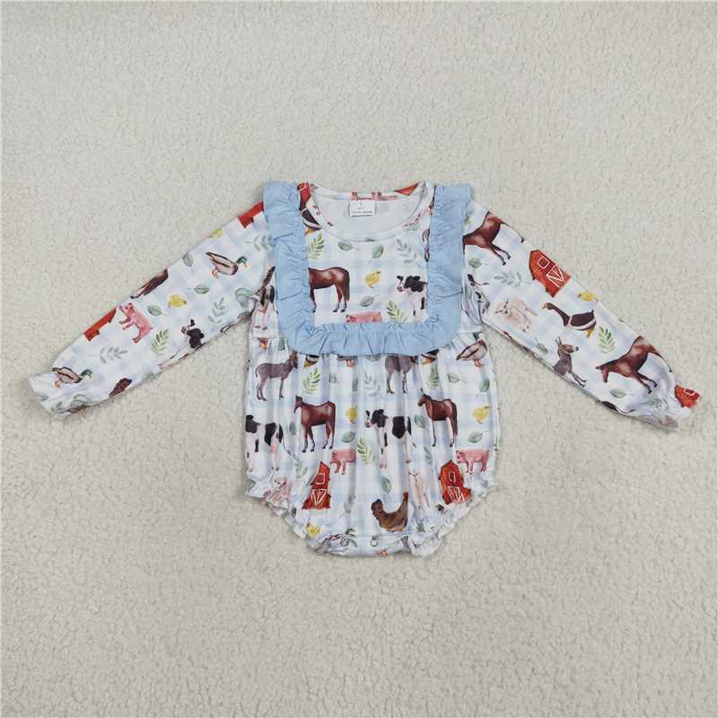 11.14 RTS NO MOQ （In stock）Matching LR2362 Baby Girls Long Ruffle Sleeves Farm Houses Chicks Rompers