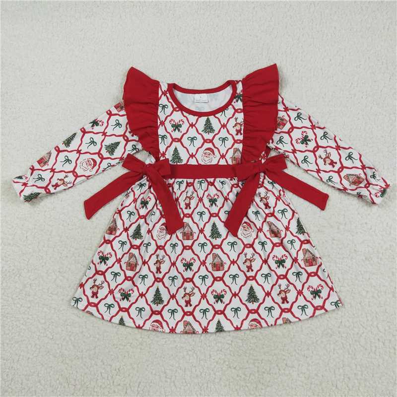 11.20 RTS NO MOQ （In stock）GLD1158 Baby Girls Christmas Deers Bows Trees Knee Length Dresses