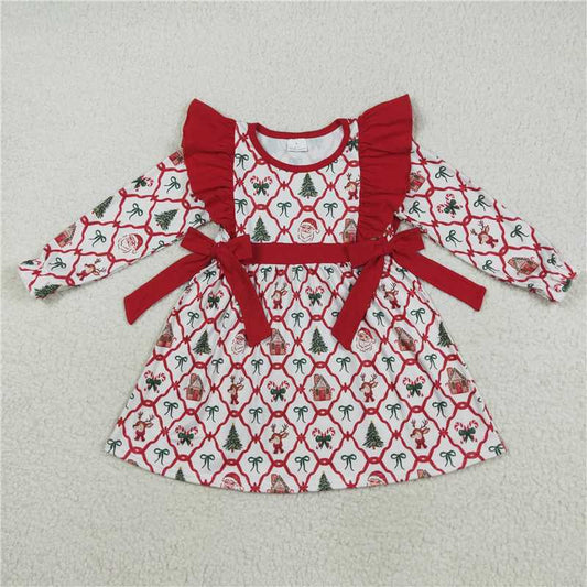 11.20 RTS NO MOQ （In stock）GLD1158 Baby Girls Christmas Deers Bows Trees Knee Length Dresses
