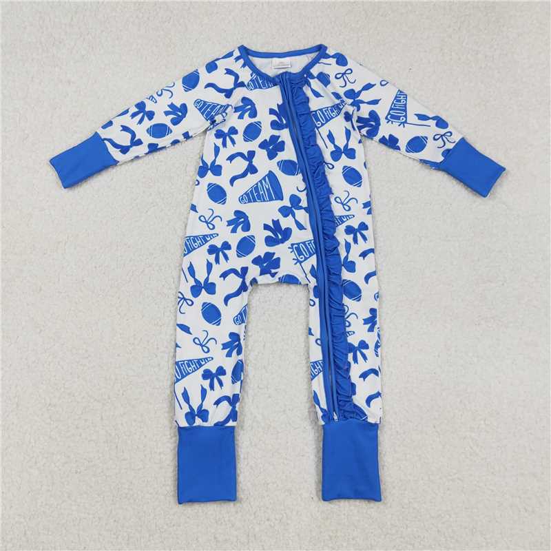 10.18 RTS NO MOQ （In stock） Matching LR2511 Baby Girls Team Blue Bows Cheer Footballs Ruffle Zipper Footie Rompers