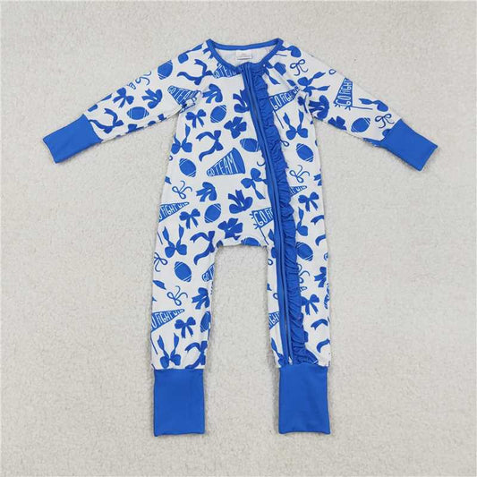 10.18 RTS NO MOQ （In stock） Matching LR2511 Baby Girls Team Blue Bows Cheer Footballs Ruffle Zipper Footie Rompers