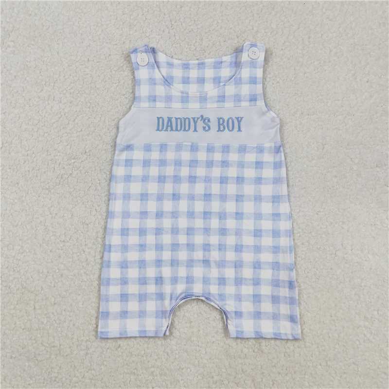 12.29 RTS NO MOQ （In stock）Matching SR2945 Embroidery Baby Infant Boys Sleeveless Blue Plaid DADDY'S BOY Rompers