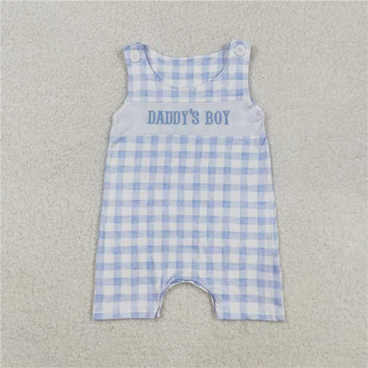 12.29 RTS NO MOQ （In stock）Matching SR2945 Embroidery Baby Infant Boys Sleeveless Blue Plaid DADDY'S BOY Rompers