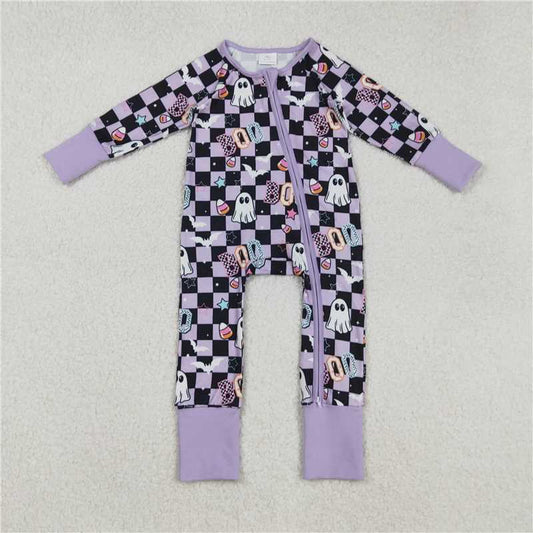 11.8 RTS NO MOQ （In stock）Matching LR2541 Baby Girls Black Plaid Ghosts Candy Halloween Zipper Footie Rompers
