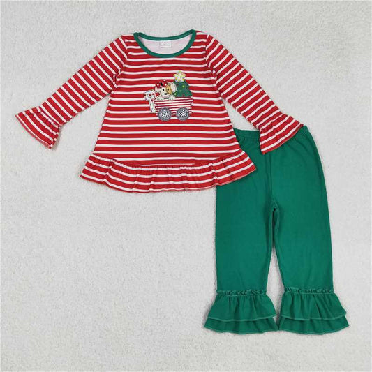 12.8 RTS NO MOQ （In stock）GLP2580 Baby Girls Long Sleeves Christmas Trees Dogs Trucks Tunic Ruffle Pant Sets