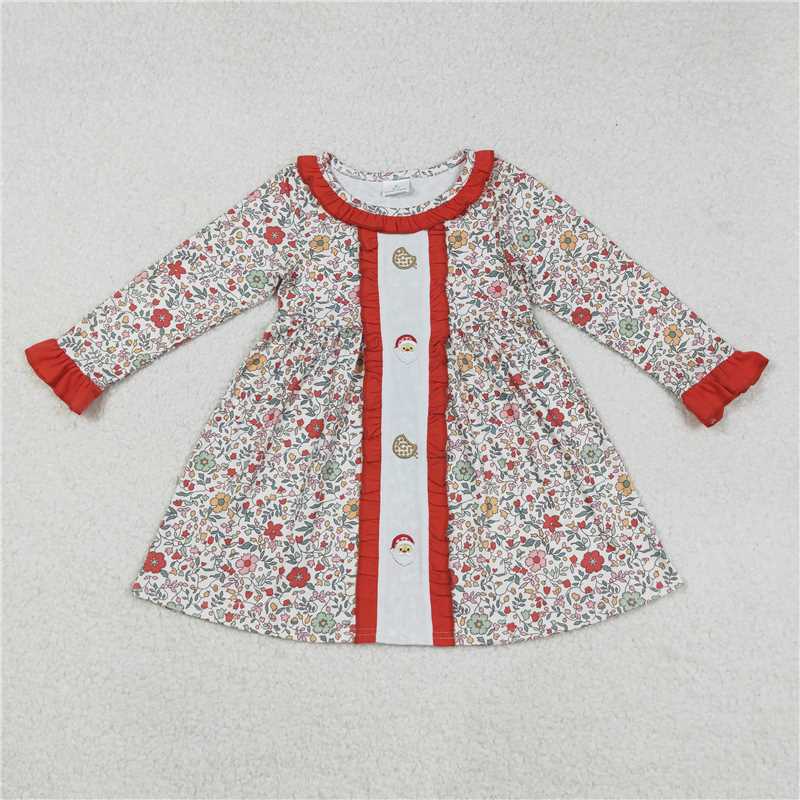 11.20 RTS NO MOQ （In stock）GLD1062 Embroidery Baby Girls Christmas Floral Santa Cakes Knee Length Dresses