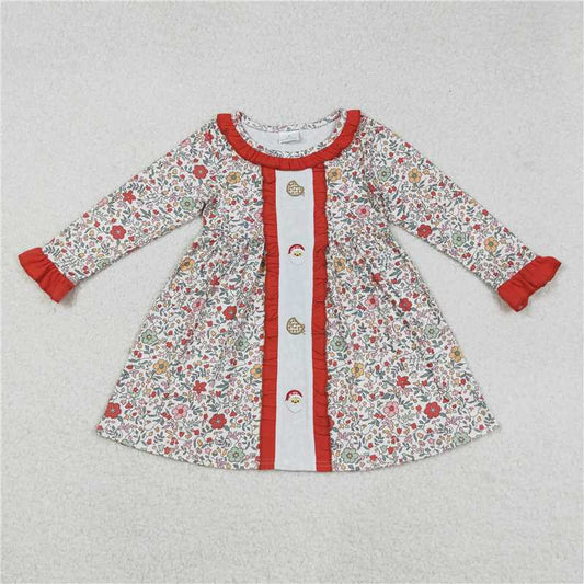 11.20 RTS NO MOQ （In stock）GLD1062 Embroidery Baby Girls Christmas Floral Santa Cakes Knee Length Dresses