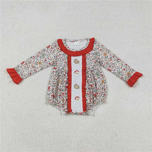 12.3 RTS NO MOQ （In stock）Matching Christmas LR2232 Embroidery Ruffle Baby Girls Christmas Floral Santa Cakes Ruffle Rompers
